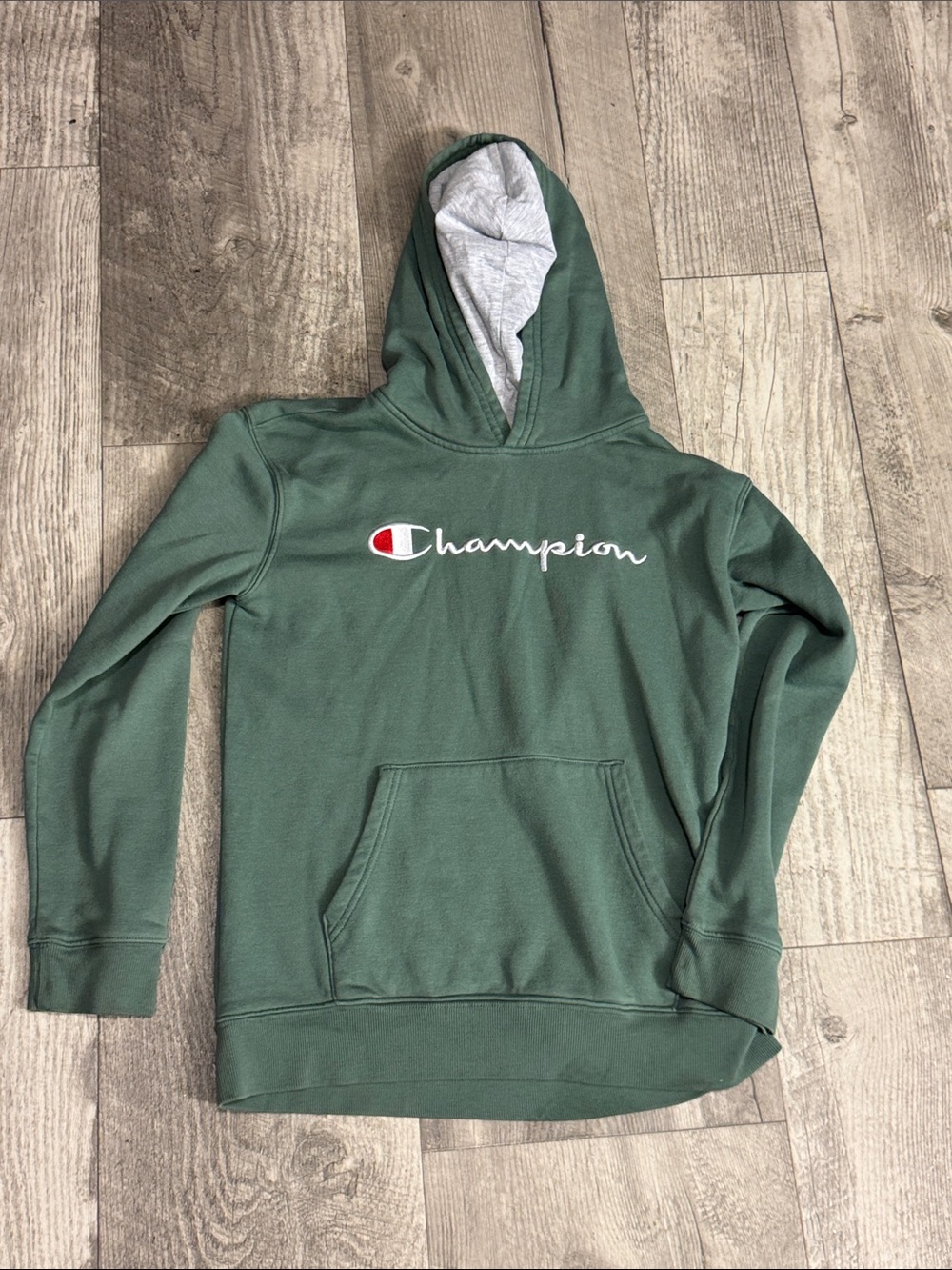Champion Green Hooded Pullover with Contrast Gray Lining